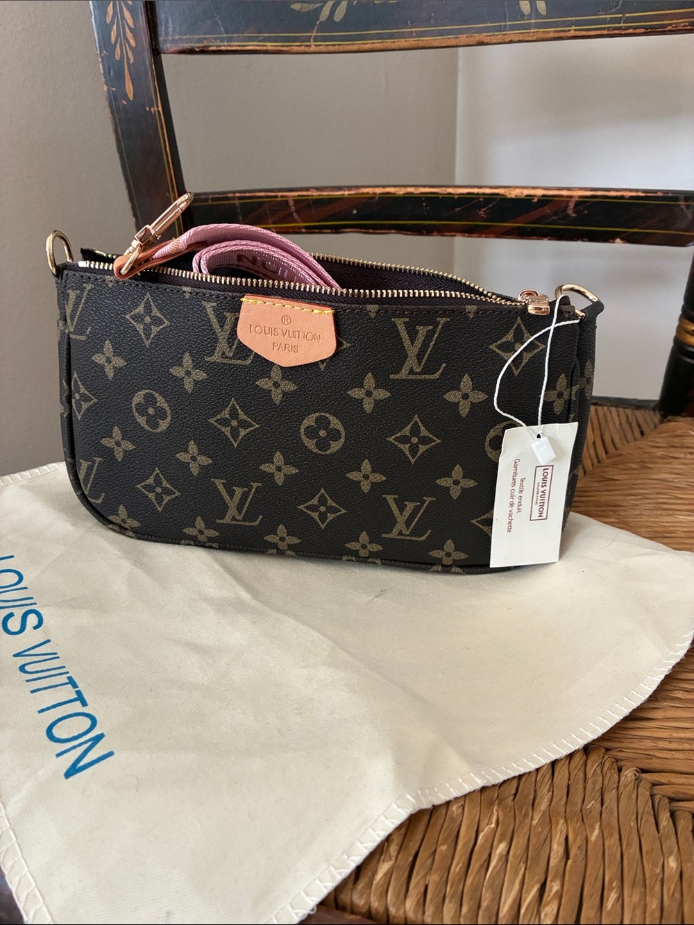 Faux Louis Vuitton Monogram Mini Pochette with Pink Strap